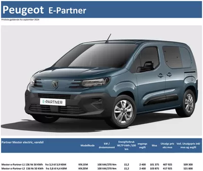 Peugeot-katalog | Last ned prisliste for Peugeot E-Partner | 3.9.2024 - 3.9.2025