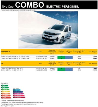 Opel-katalog i Mo i Rana | Prisliste Opel Combo Electric | 3.9.2024 - 3.9.2025