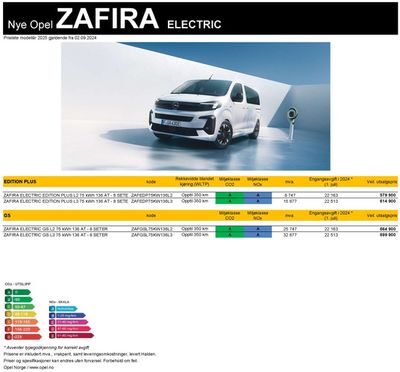 Opel-katalog i Mo i Rana | Prisliste Opel Zafira Electric | 3.9.2024 - 3.9.2025