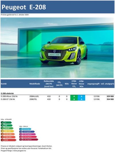 Peugeot-katalog i Drammen | Last ned prisliste for nye Peugeot E-208 | 10.9.2024 - 10.9.2025