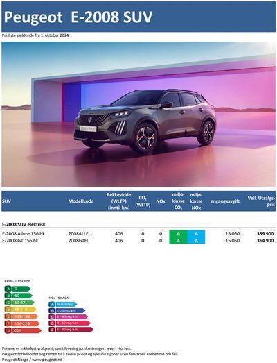 Peugeot-katalog i Drammen | Last ned prisliste for Peugeot e-2008 SUV | 10.9.2024 - 10.9.2025