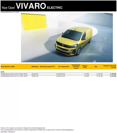 Opel-katalog i Sandvika | Prisliste Opel Vivaro Electric varebil | 25.3.2025 - 25.3.2026