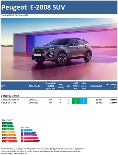 Tilbud fra Bil og motor i Sandefjord | Last ned prisliste for Peugeot E-2008 SUV de Peugeot | 25.3.2025 - 25.3.2026