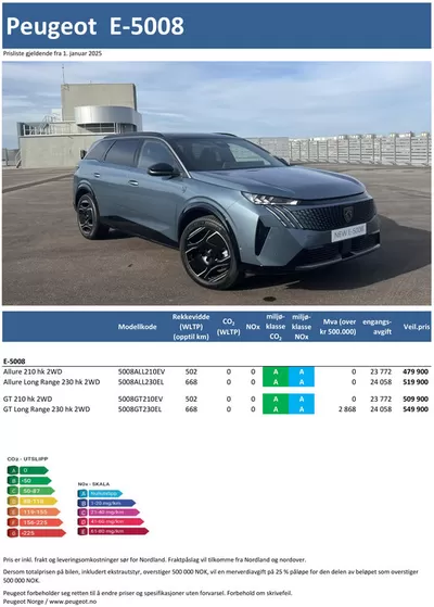 Tilbud fra Bil og motor i Sandefjord | Last ned prisliste for nye Peugeot E-5008 SUV de Peugeot | 25.3.2025 - 25.3.2026