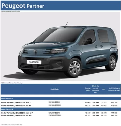 Tilbud fra Bil og motor i Sandefjord | Last ned prisliste for Peugeot Partner de Peugeot | 25.3.2025 - 25.3.2026