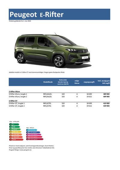 Peugeot-katalog i Arendal | Last ned prisliste for nye Peugeot E-Rifter | 7.3.2024 - 7.3.2025