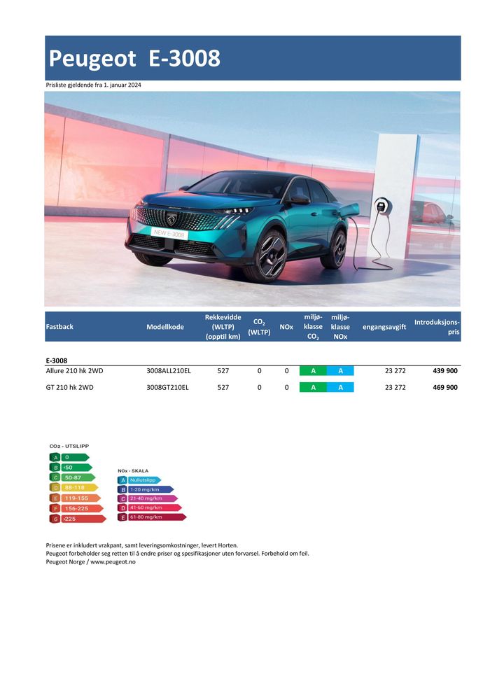 Peugeot-katalog | Last ned prisliste for nye Peugeot E-3008 SUV | 12.4.2024 - 12.4.2025