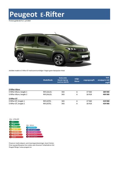 Tilbud fra Bil og motor i Kristiansand | Last ned prisliste for nye Peugeot E-Rifter de Peugeot | 4.7.2024 - 4.7.2025