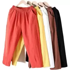 Tilbud: Women Summer Casual Loose Harem Elastic Waist Cotton Linen Pants Ninth Trousers kr 37,3 på AliExpress
