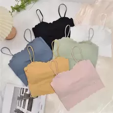 Tilbud: Summer Soft Ice Silk Crop Tops Women Wave Edge Design Sleeveless T-Shirt Spaghetti Strap Bra Top with Cups Solid Color Camisole kr 32,84 på AliExpress
