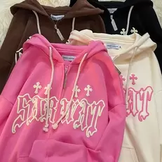 Tilbud: Goth Embroidery Hoodies Women High Street Harajuku Retro Hip Hop Zip Up Hoodie Loose Man Sweatshirt Hoodie Clothes Y2K Hoodie kr 83 på AliExpress