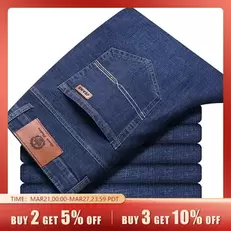 Tilbud: Autumn Classic Men's Fitted Stretch Jeans Business Casual Cotton Denim Straight Leg Pants Male Black Blue Trousers kr 201,89 på AliExpress