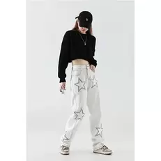 Tilbud: New high street women embroidered star jeans American style Y2k white high waist loose slim straight trousers kr 240,67 på AliExpress