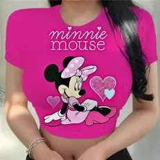 Tilbud: Disney T-shirt Cute Mickey Mouse T-shirt Fashion Women's Gym Running Crop Top Women's Young Women Y2K Tight Fit kr 26,38 på AliExpress