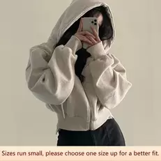 Tilbud: 2023 Autumn/winter Newins Fleece-lined Versatile Fashionable Cropped Slims Women's Hooded Sweatshirt Zip-up Warm Solid Color kr 86,77 på AliExpress