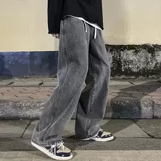 Tilbud: Korean Fashion Men's Baggy Jeans Elastic Waist  Classic olid Color Straight-leg Denim Wide-leg Pants Male Light Blue Grey Black kr 169,04 på AliExpress