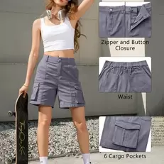 Tilbud: Women Vintage Elastic Low Waist Cargo Shorts Summer Casual Solid short overalls pants with Pockets for Sports kr 126,93 på AliExpress