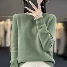 Tilbud: Autumn Winter 100% Merino Wool cashmere Sweater O-Neck Long Sleeve Cashmere Women Knitted Pullover Clothing Top kr 158,49 på AliExpress