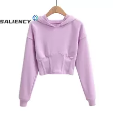 Tilbud: Hooded Solid Color Pullover High Waist Short Sweater Women's Spring Autumn 2021 Loose and Versatile Waist Slim Short Crop Top kr 227,03 på AliExpress