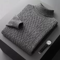 Tilbud: Autumn and winter new 100% wool cashmere sweater men's high neck thick jacquard bottoming shirt loose knit top warm pullover kr 488,88 på AliExpress