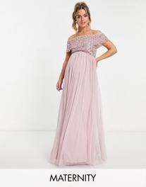 Tilbud: Beauut Maternity Bridesmaid bardot embellished maxi dress in frosted pink kr 77,99 på Asos
