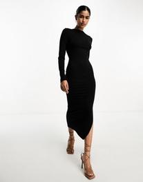 Tilbud: ASOS DESIGN long sleeve midi dress with open back and strap detail in black kr 11 på Asos