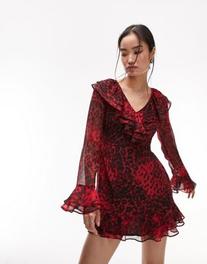 Tilbud: Topshop v neck ruffle mini tea dress in red animal print kr 29,5 på Asos