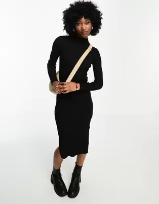 Tilbud: New Look ribbed knitted dress with side split in black kr 17 på Asos