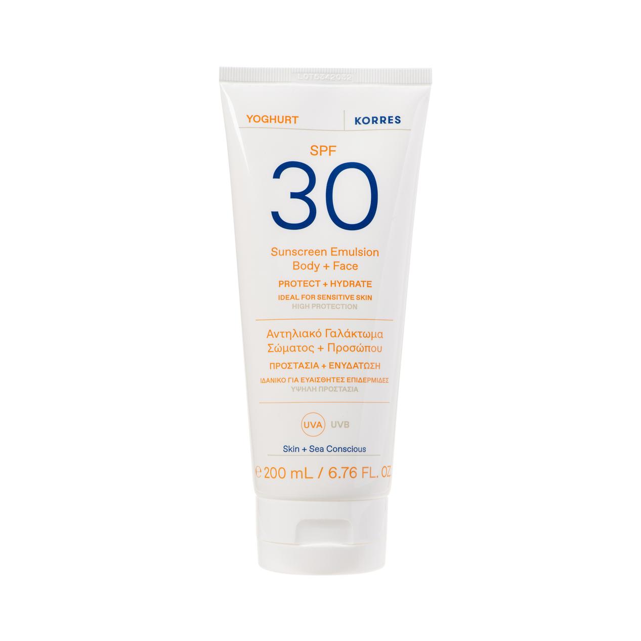 Tilbud: Korres Sun Yoghurt Sunscreen Emulsion Body + Face SPF30 200ml kr 379 på VITA