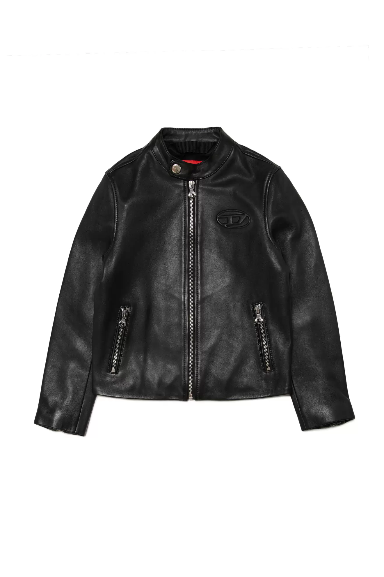 Tilbud: Leather biker jacket with embossed logo kr 6726 på Diesel