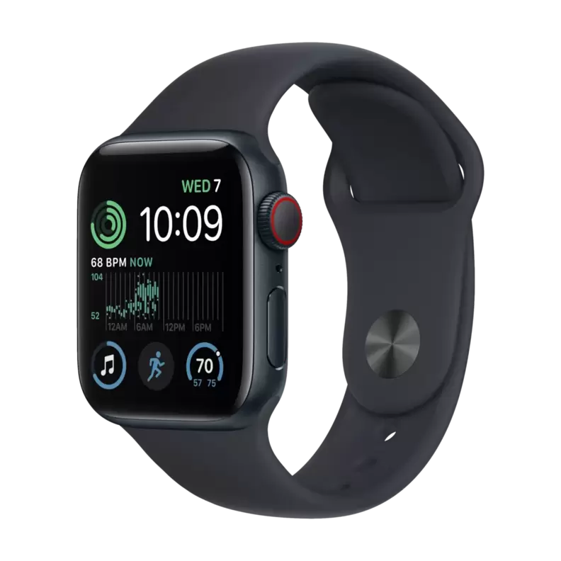 Tilbud: Apple Watch SE GPS + Cellular 40 mm, Midnatt aluminium urkasse med, Midnatt Sport Band - regular kr 4090 på POWER